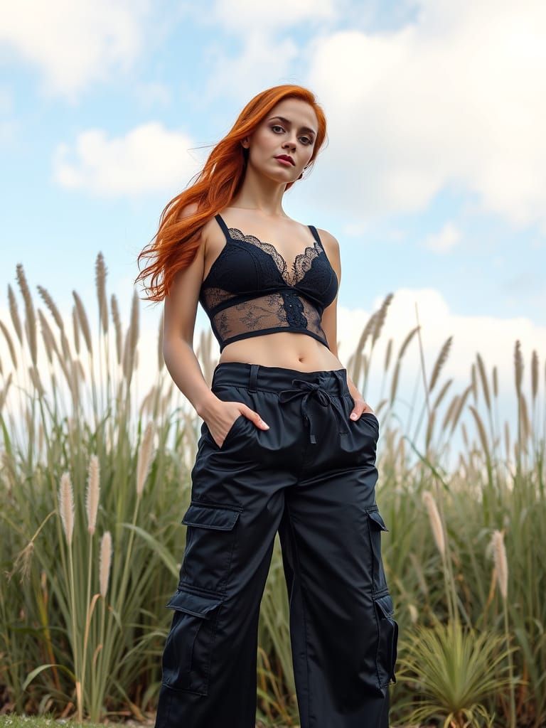 Sultry Redhead in Shimmering Satin and Lace