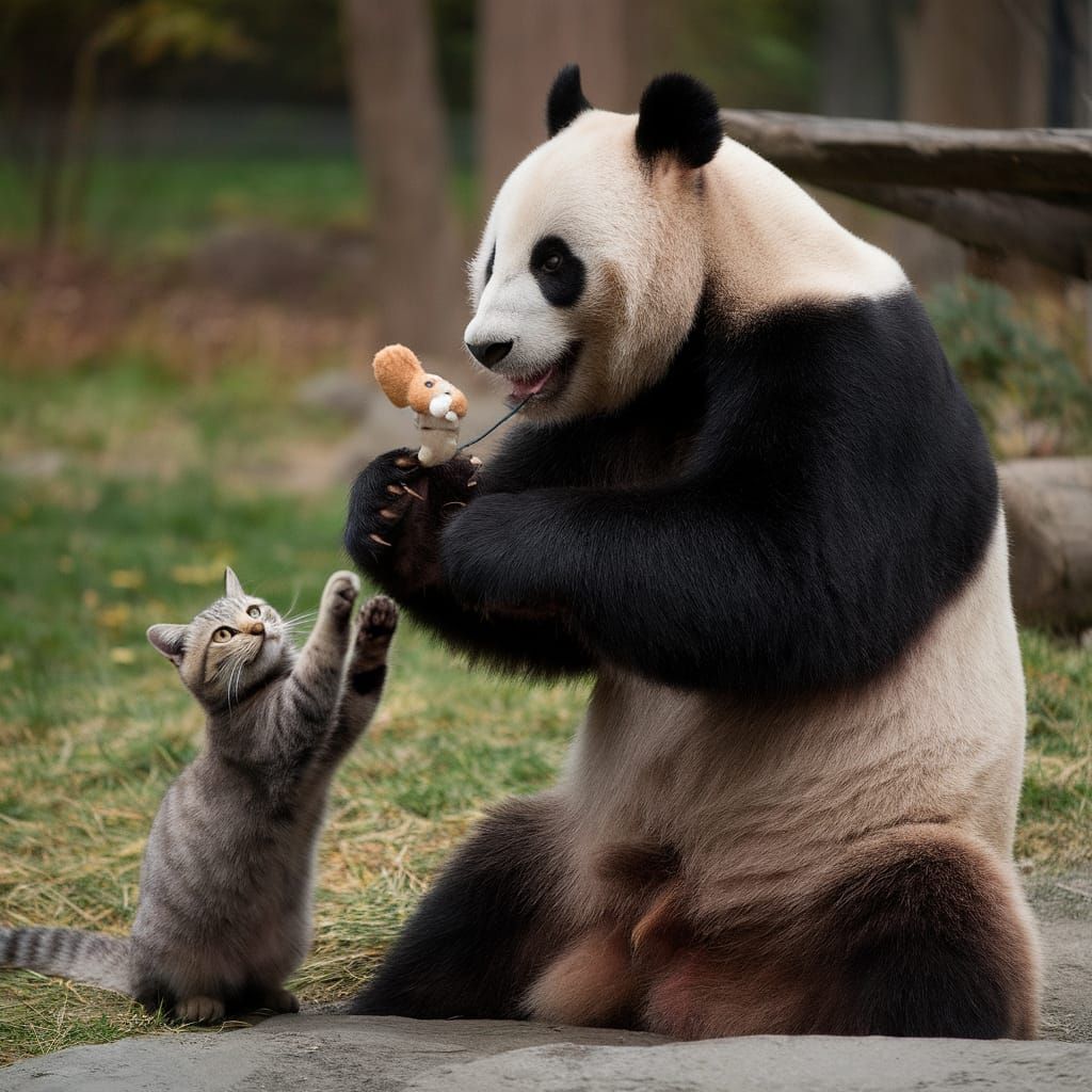 Panda Bear and Cat Play Together