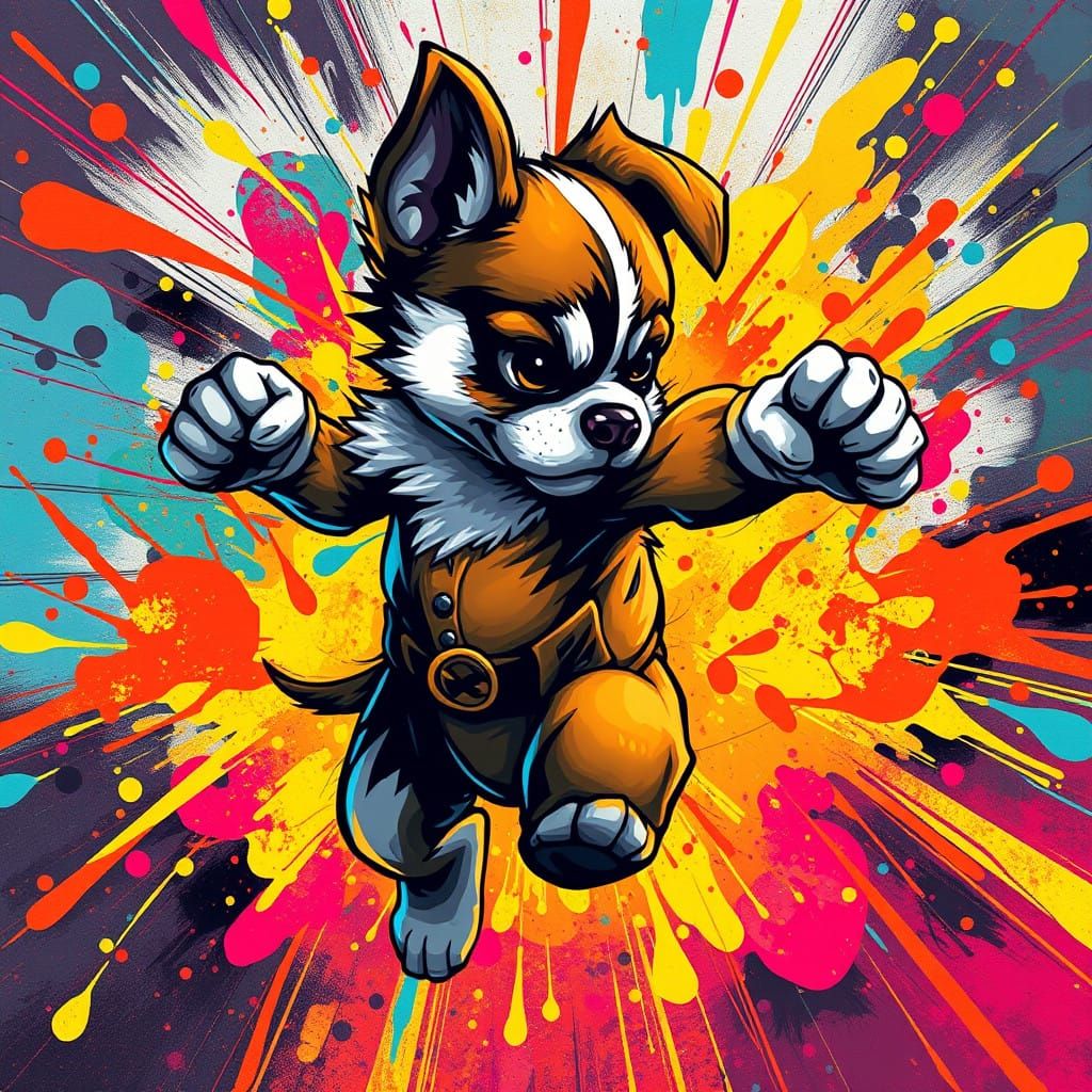 Energetic Martial Arts Puppy in Vibrant Graffiti Art