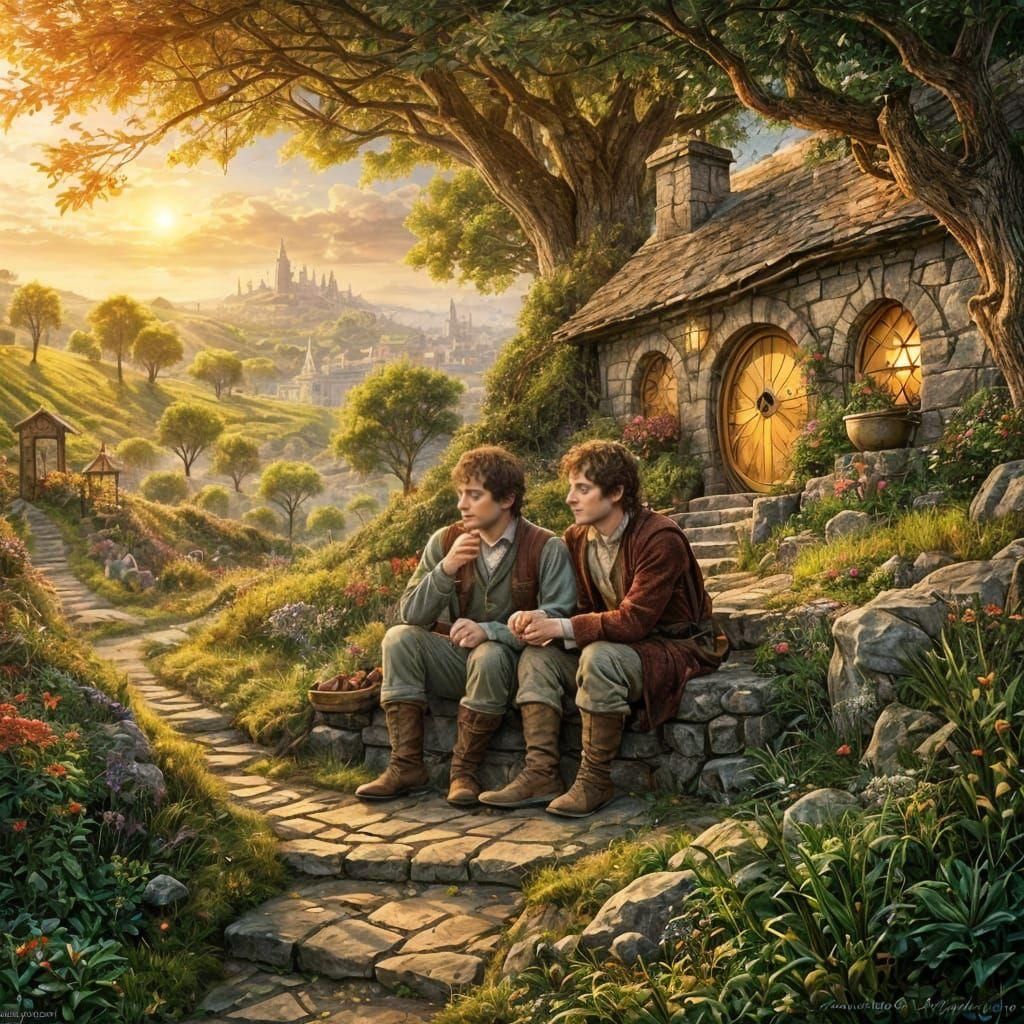 Frodo Baggins, as portrayed by Elijah Wood, and Billbo Baggings, as portrayed by Ian Holms, sitting outside Bagend smoki...