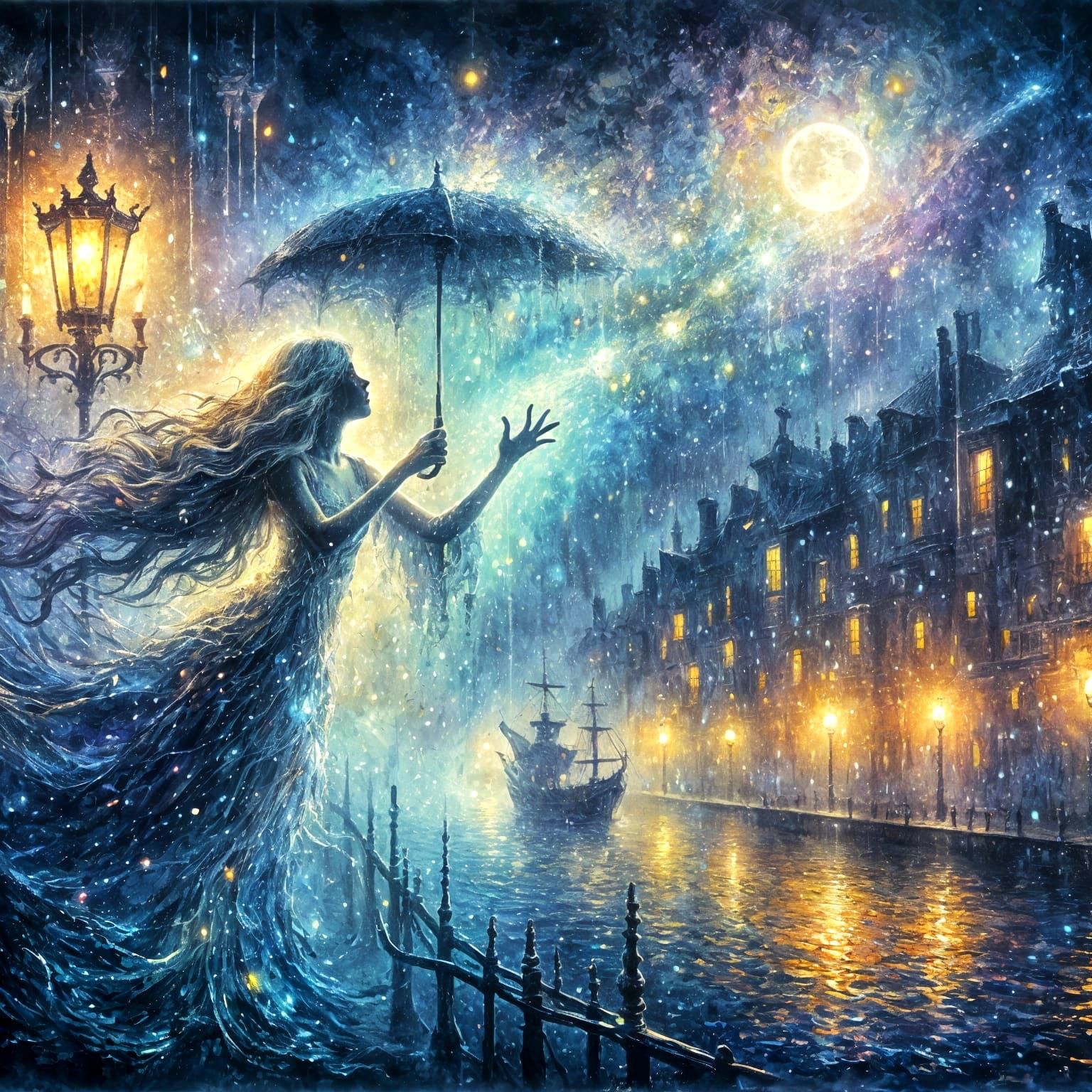 Shadow Girl in Rainy Fantasy Scene as Impasto Painting