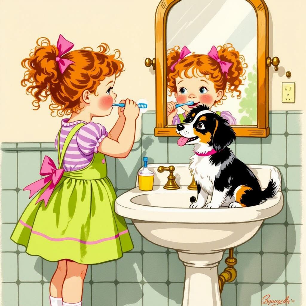 Girl Brushing Teeth in Whimsical Children's Illustration Sty...