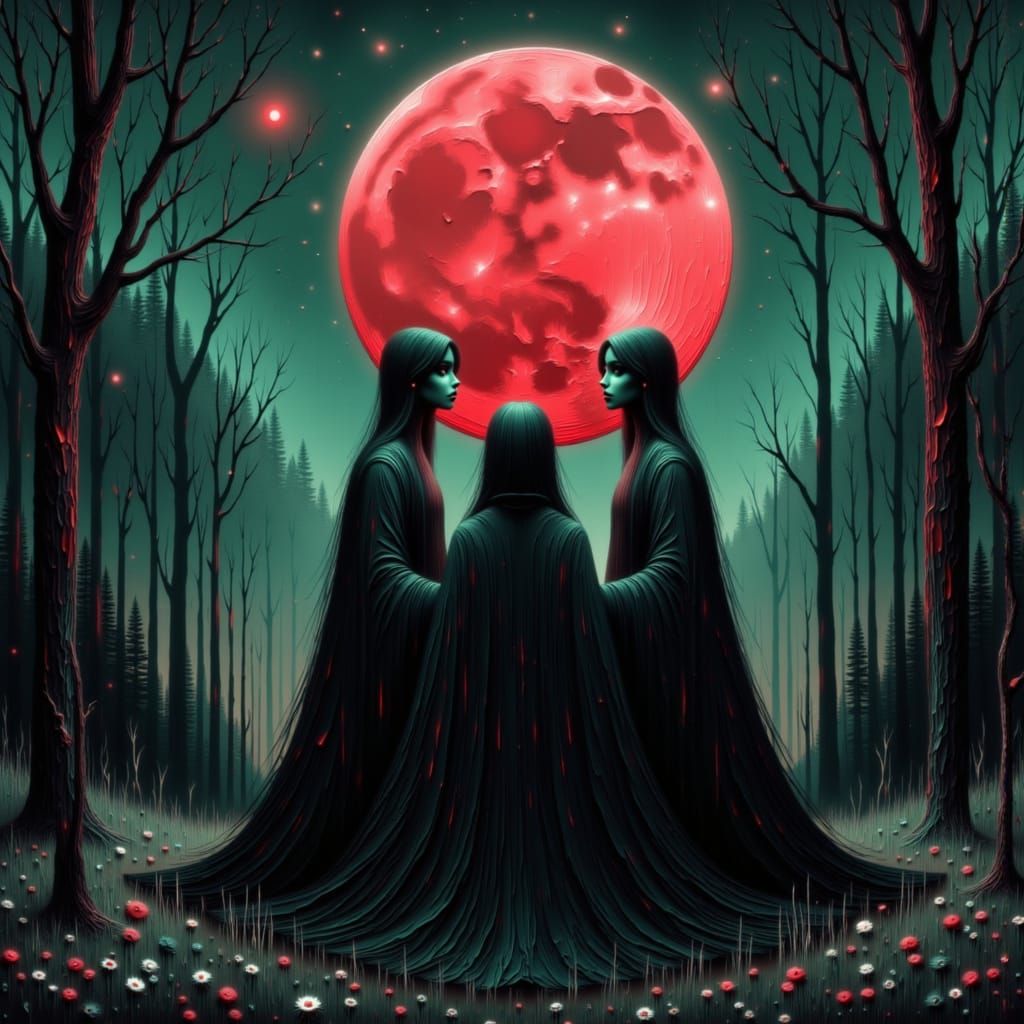 Three Blood Moon Priestesses in Forest
