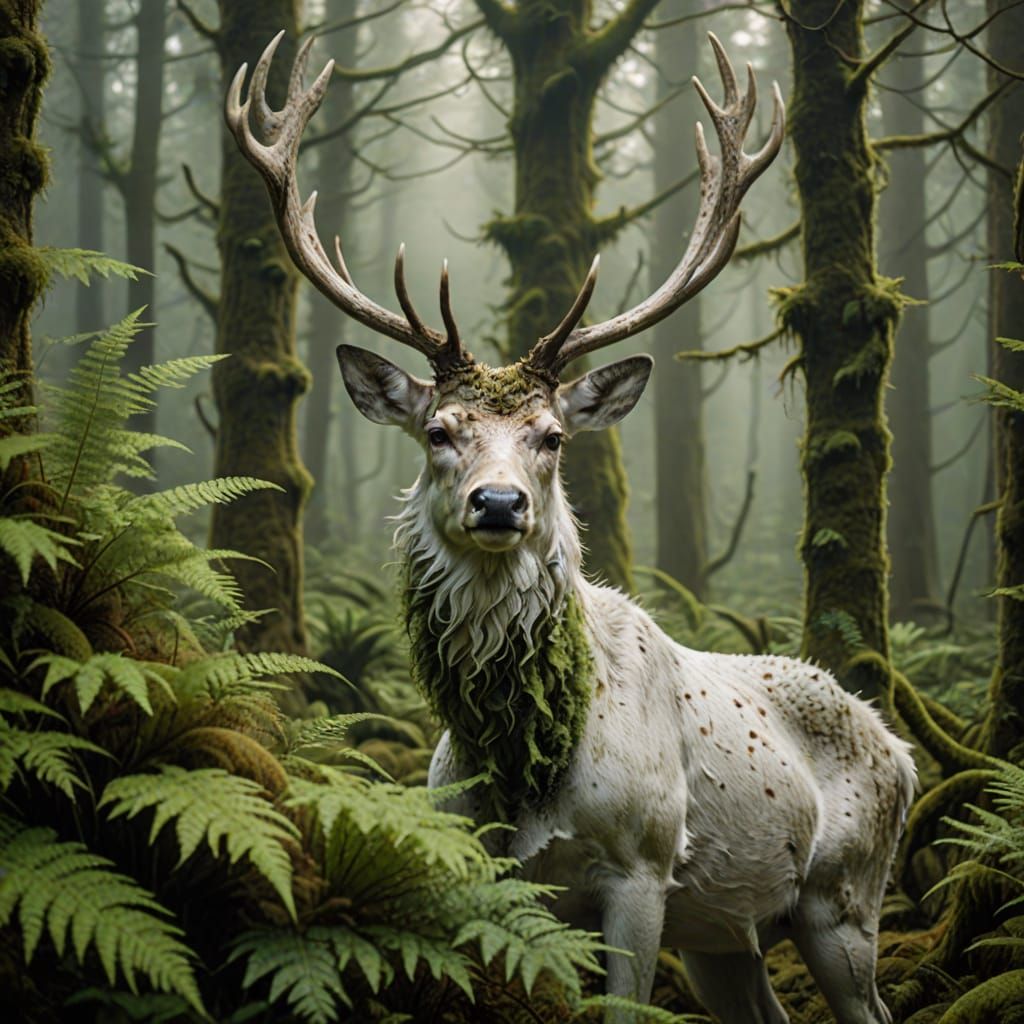Majestic White Stag Portrait in Misty Forest
