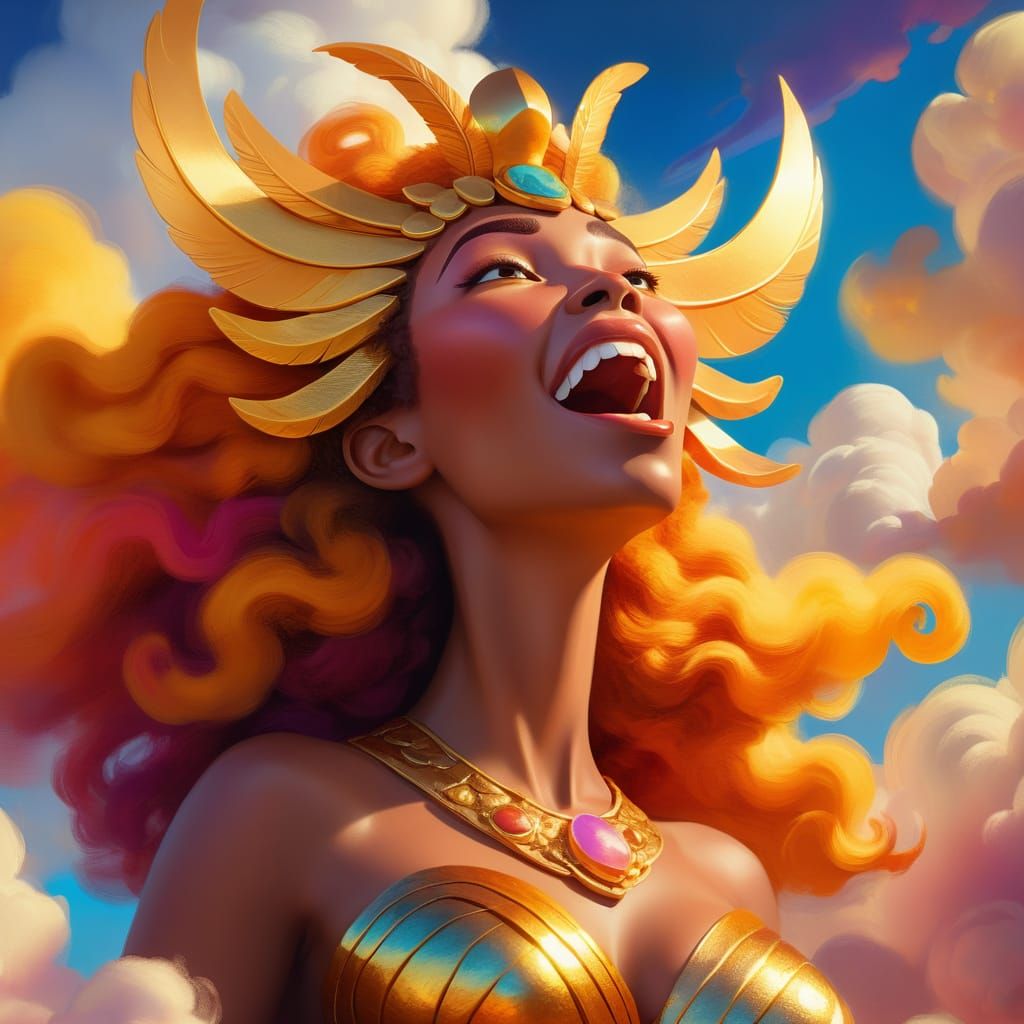 Goddess with Big Mouth in Cloudscape: Oil Painting
