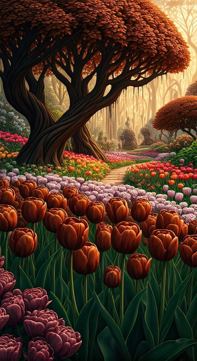 Chocolate Garden with Roses and Tulips in Whimsical, Fantast...