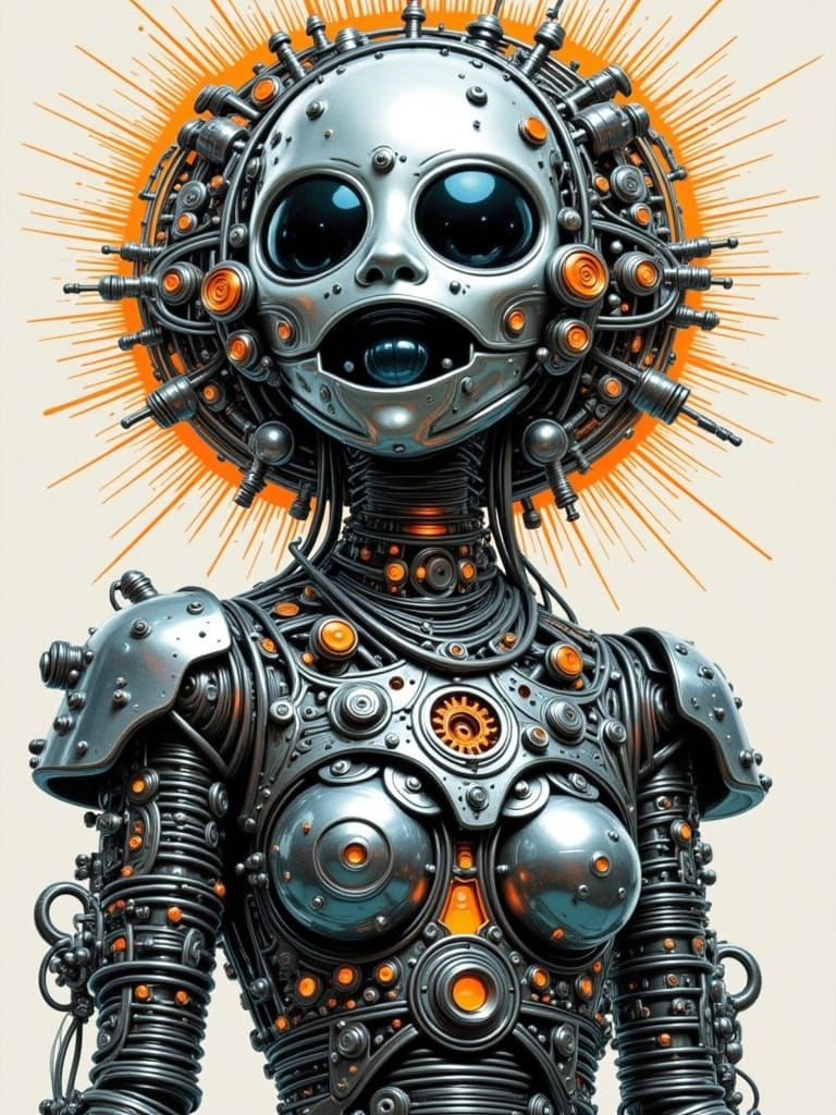 Atomic Age Automaton Portrait in Kinetic Maximalist Style