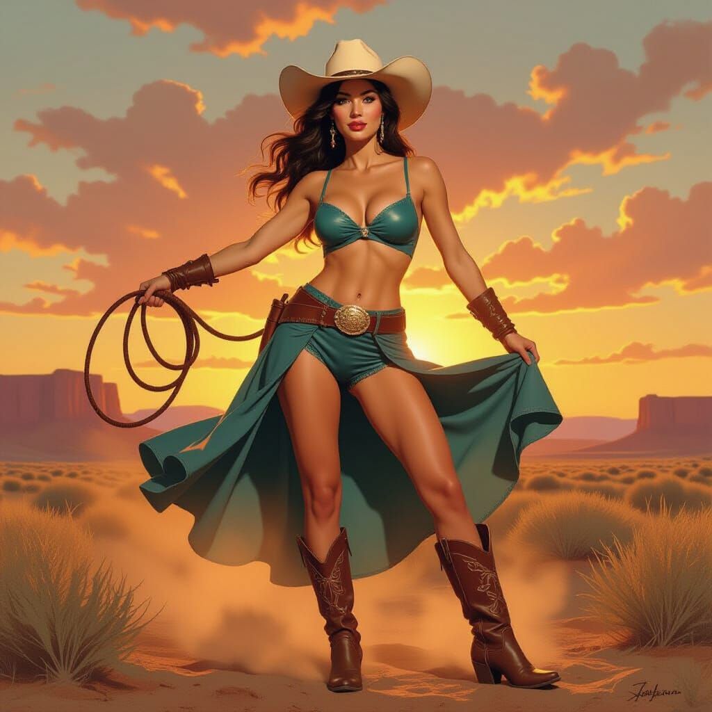 Classic Cowgirl Pin-Up Art in Vibrant Colors