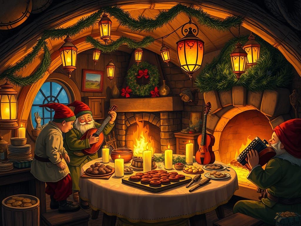 Cozy Hobbit Hole Christmas Scene in Classic Whimsical Style