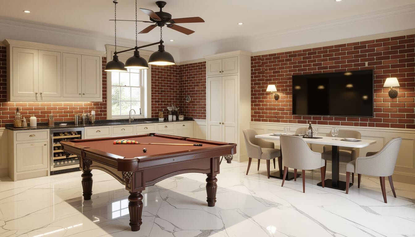 Victorian Billiards Room with Ivory and Brick Aesthetic