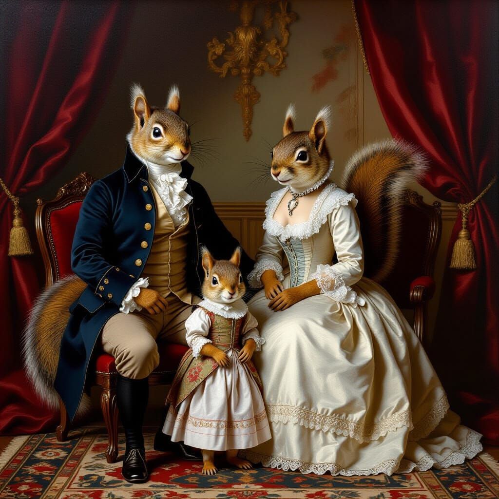 Squirrel Family Portrait in 18th-Century Style