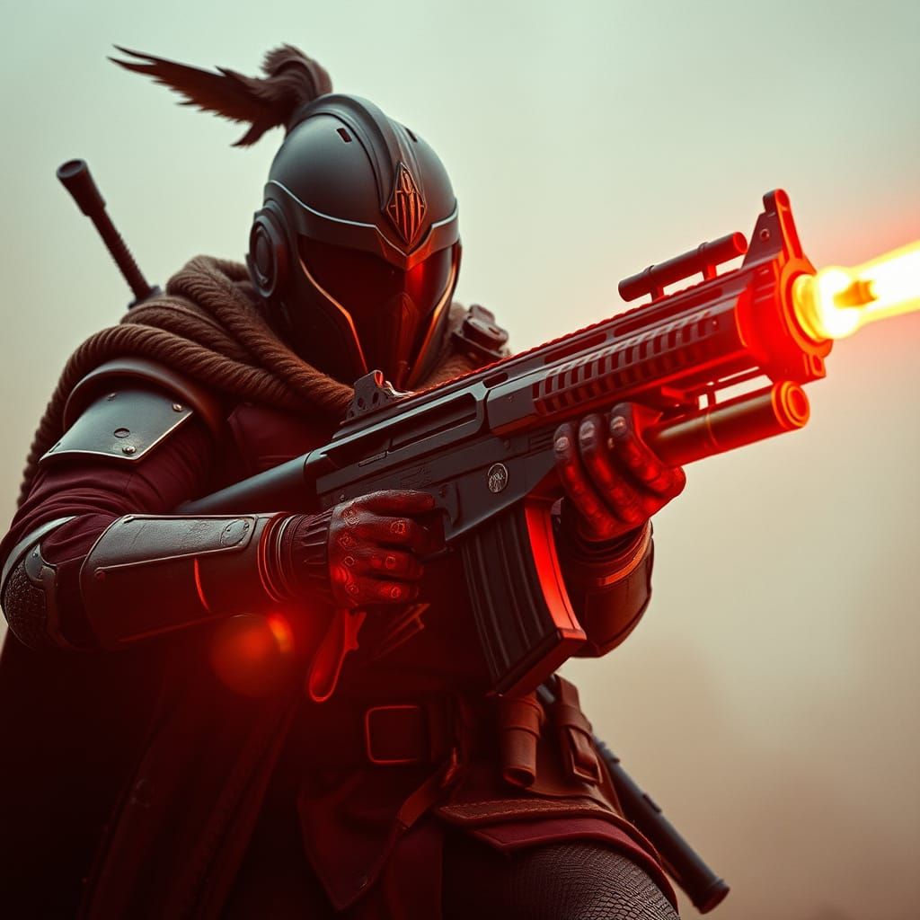 Heavily Armed Warrior with Futuristic Super Multi-Gun