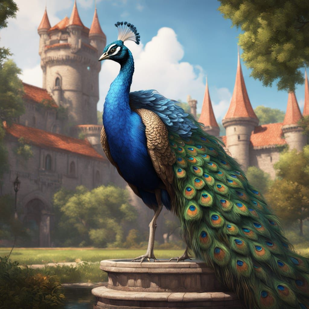Vibrant Peacock Displays Regal Beauty on Castle Grounds