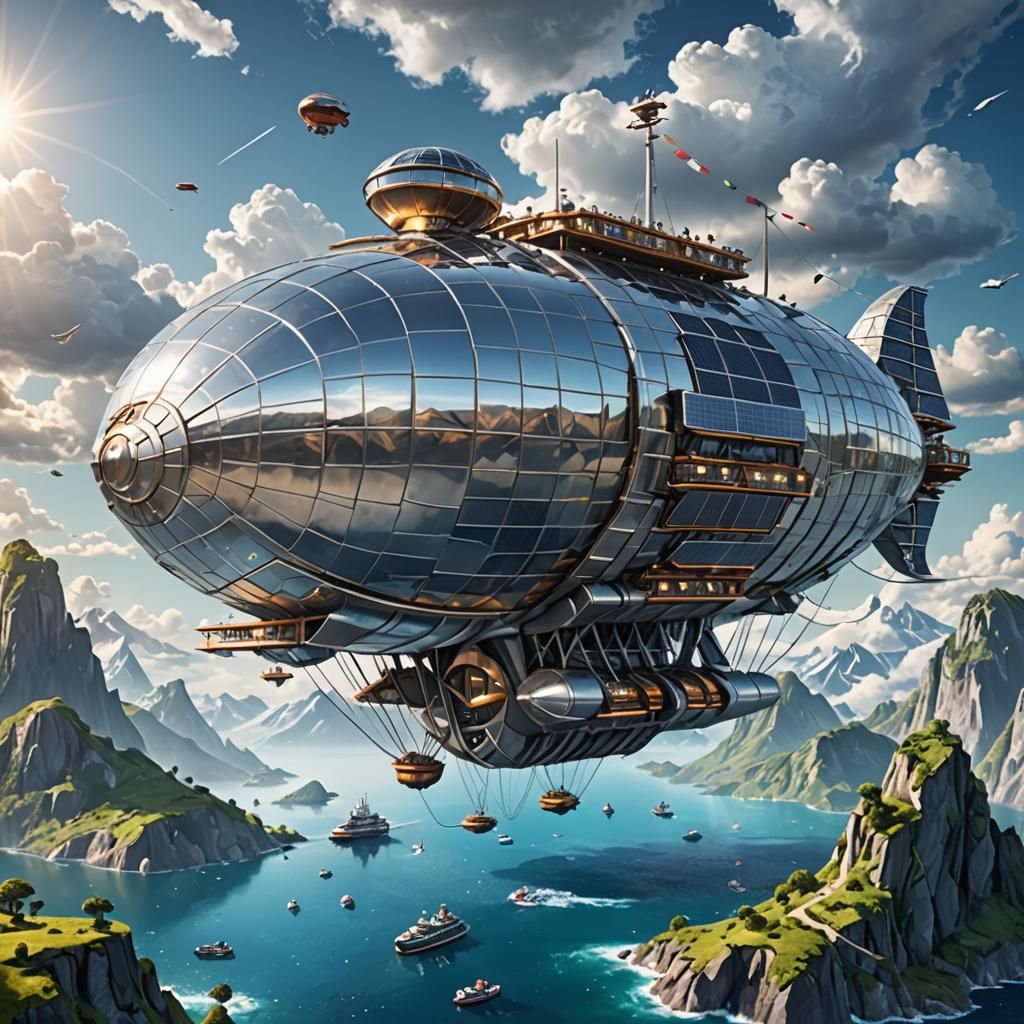 Futuristic Airship Over Mountains and Sea