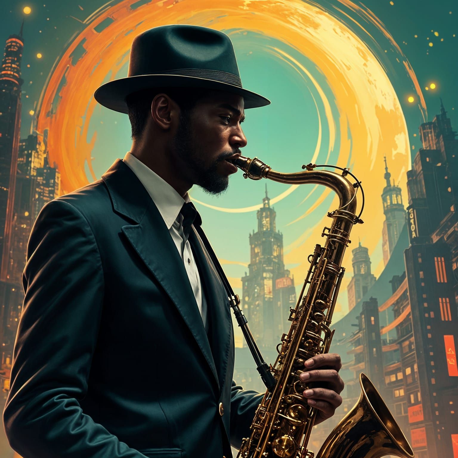 Saxophonist in Groovy Mod Attire, 1960s Fantasy Scene