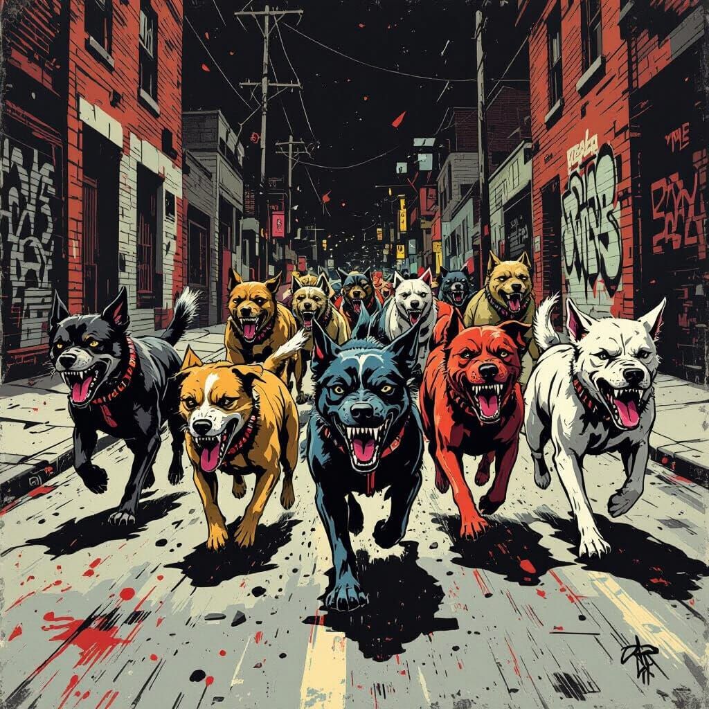 Rabid Dogs Run Ghetto Street in Punk Poster Style