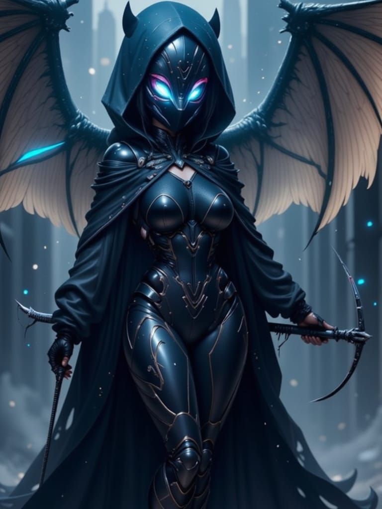 Mysterious Lady Death with Enormous Wings and Scythe in Epic...