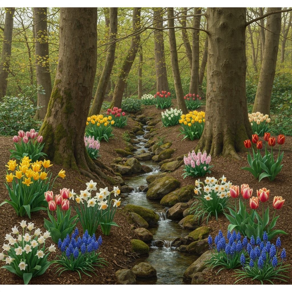 Wooded Glen with Stream and Colorful Spring Flowers