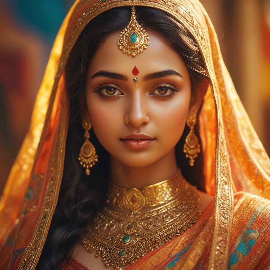 Deity in Veil: A Hindu Mythology Oil Painting