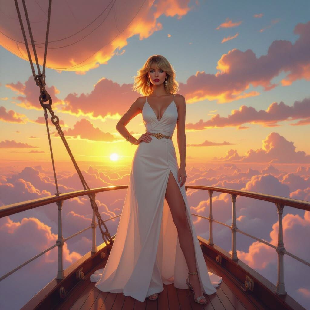 Taylor Swift on a White Airship at Sunset