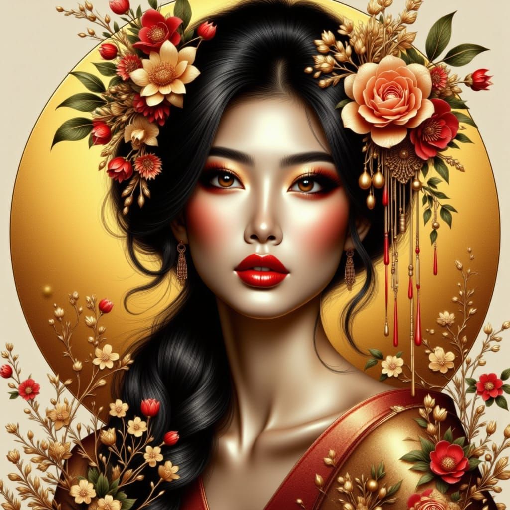 Elegant Geisha Portrait with Golden Age Aesthetics