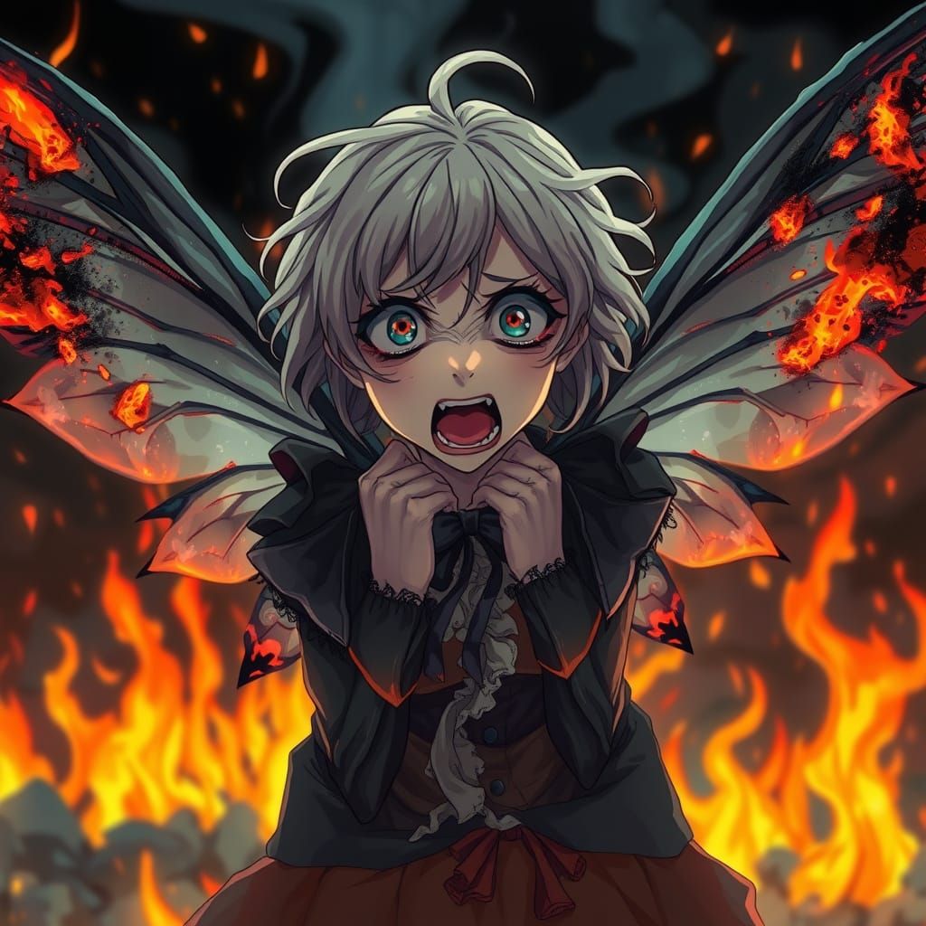 Dramatic Anime Fairy Tormented by Flames in Victorian-Inspir...
