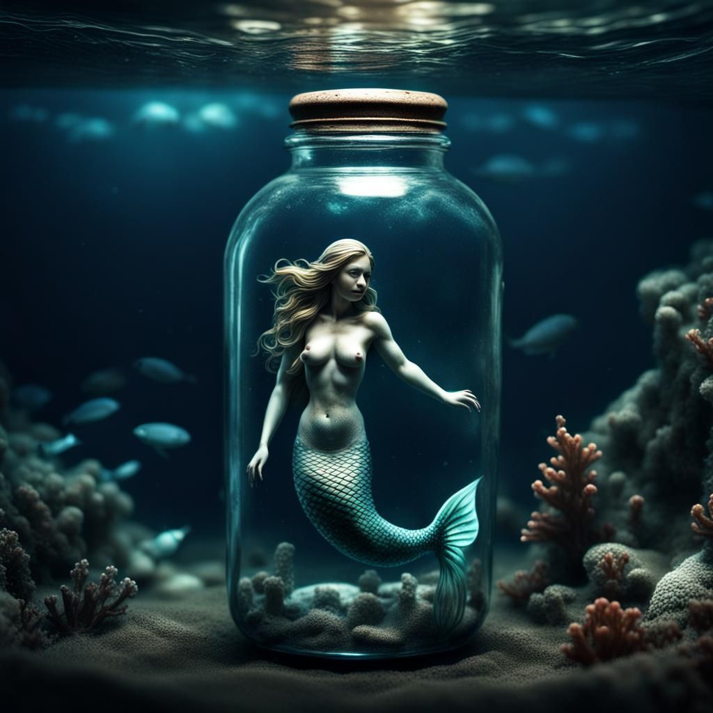 Hyperrealistic Mermaid Trapped in Bottle