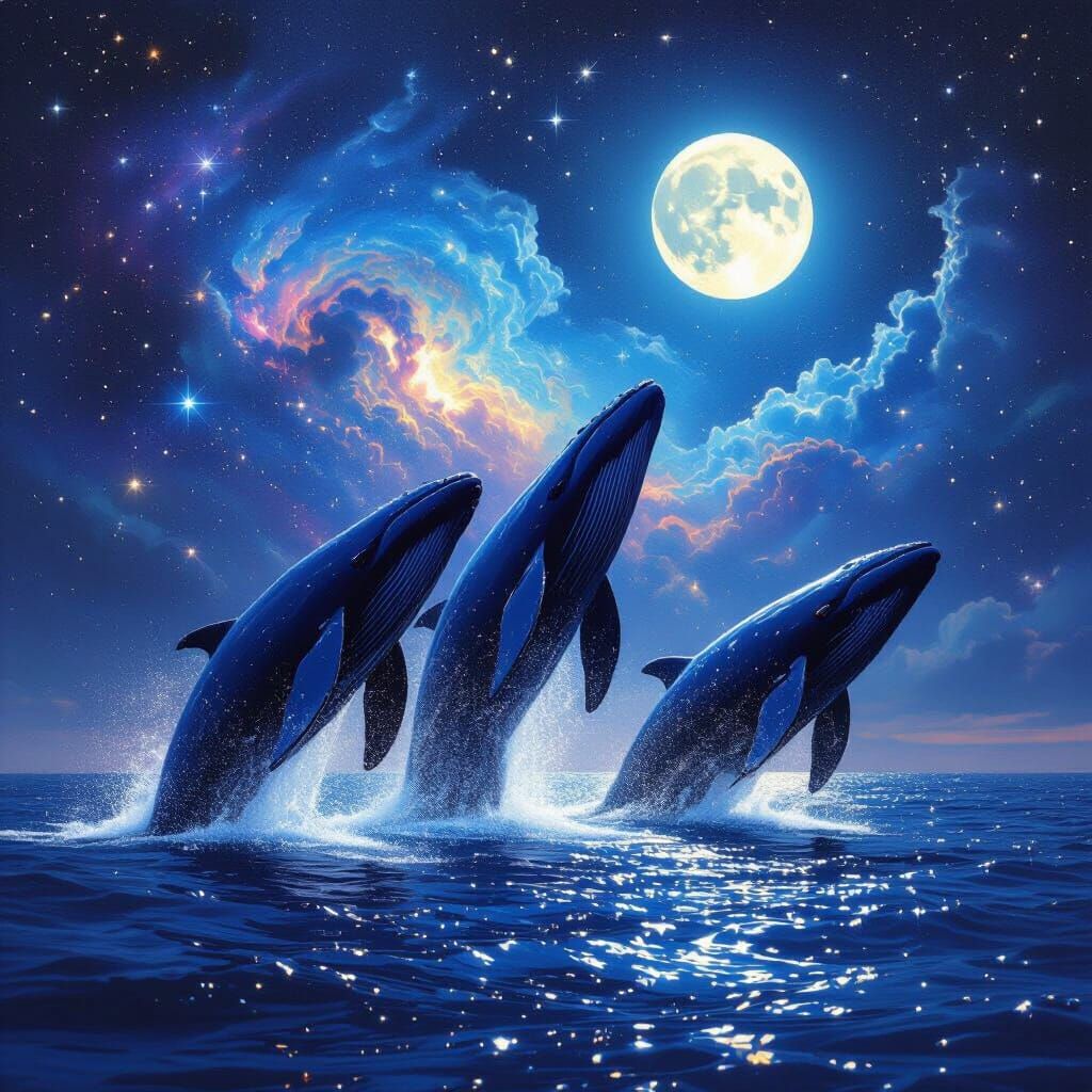 Three Whales Leap From Ocean Into Starry Night Sky