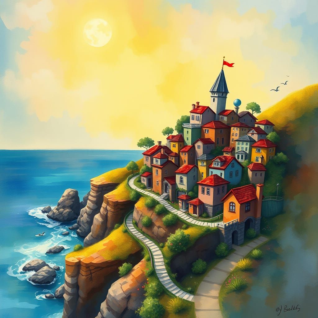 Whimsical Seaside Village Illustration in Naive Art Style