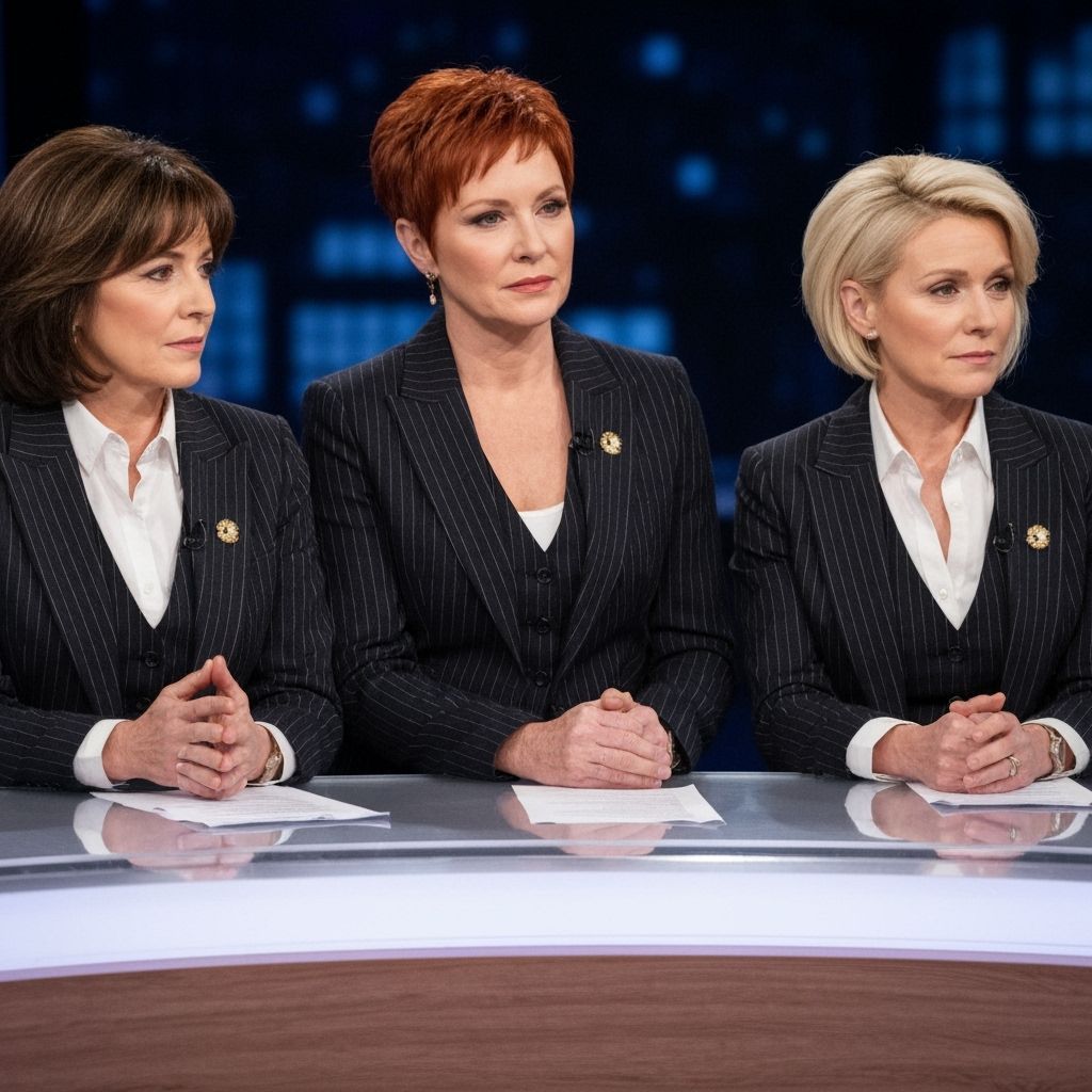 Businesswomen on Political Talk Show in Pinstripe Suits