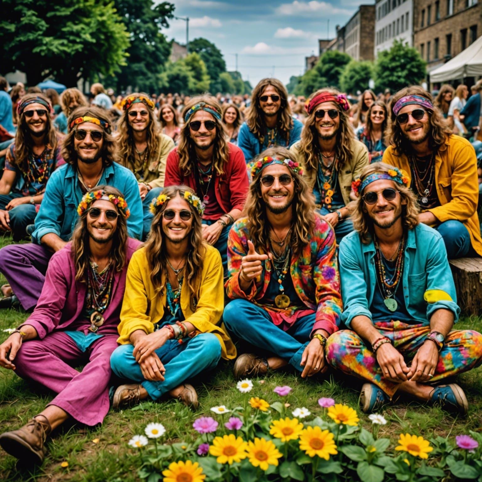 Happy Hippies in Bright Clothes with Peace Symbols