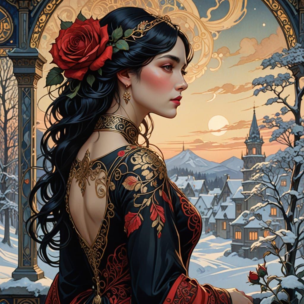 Ethereal Art Nouveau Beauty in Icy New Year's Eve Landscape