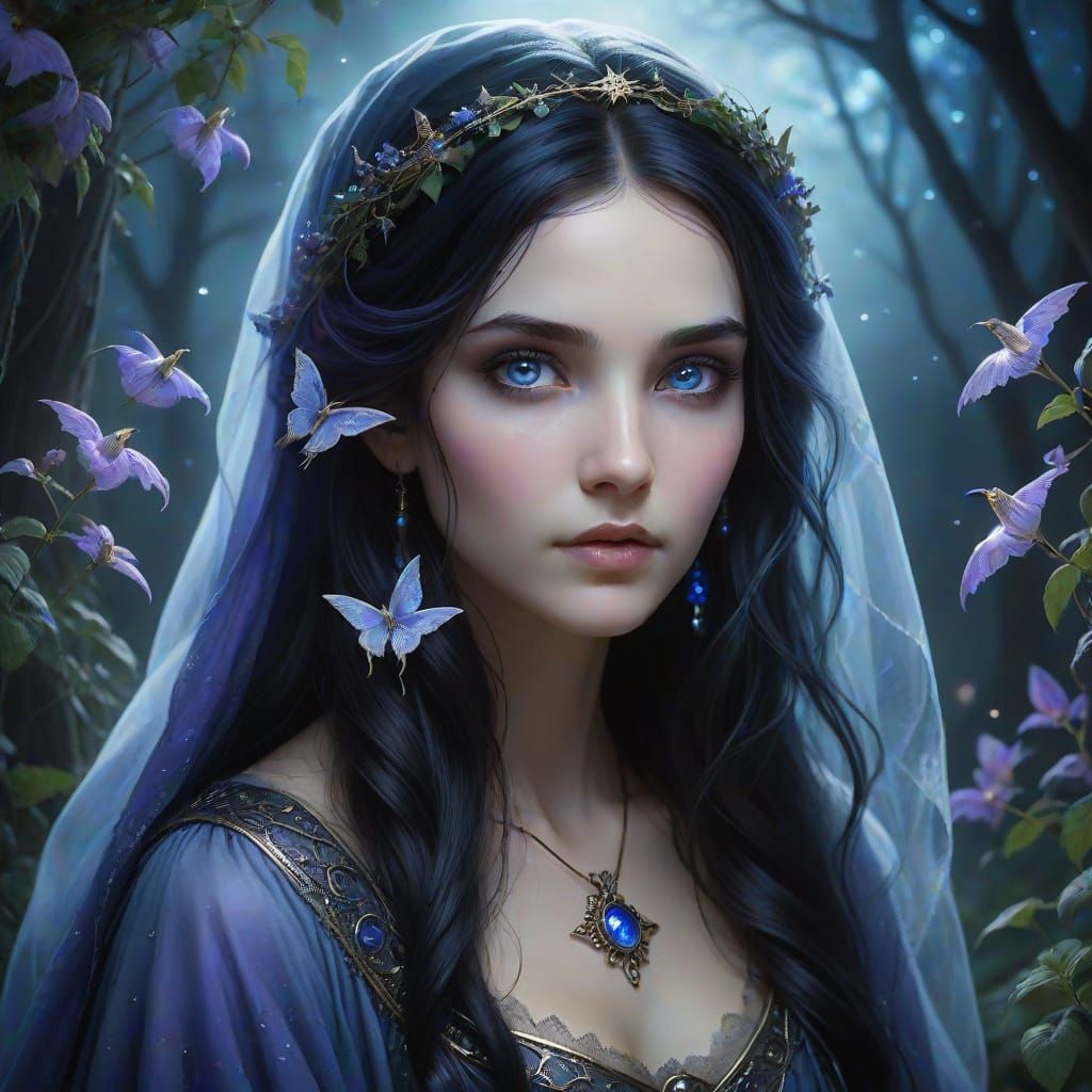 Veiled Sorceress Portrait in Enchanted Moonlit Garden