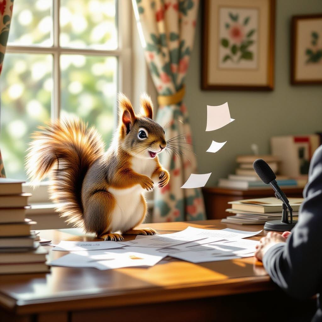 Whimsical Squirrel Disrupts News Report Art