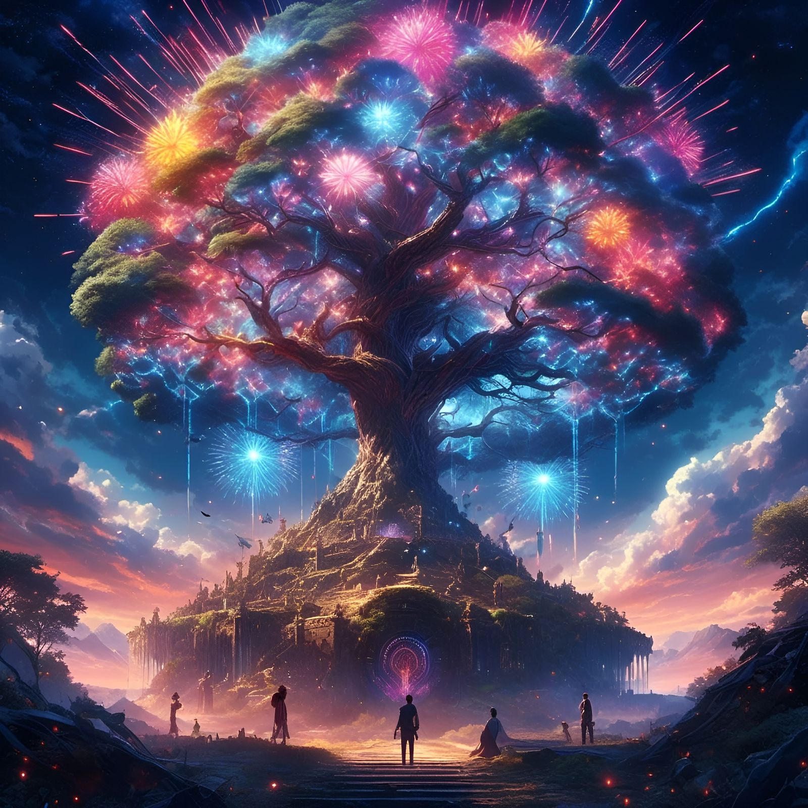 Vivid Tree of Life Fireworks in Digital Art