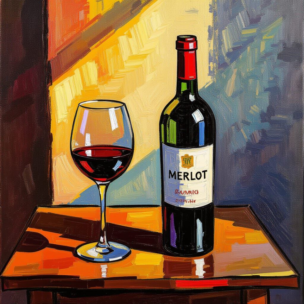 Impasto Still Life of Merlot Bottle and Glass