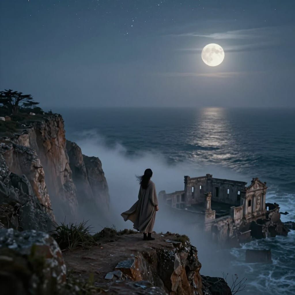 Woman on Cliff Overlooking Starry Ocean Ruins
