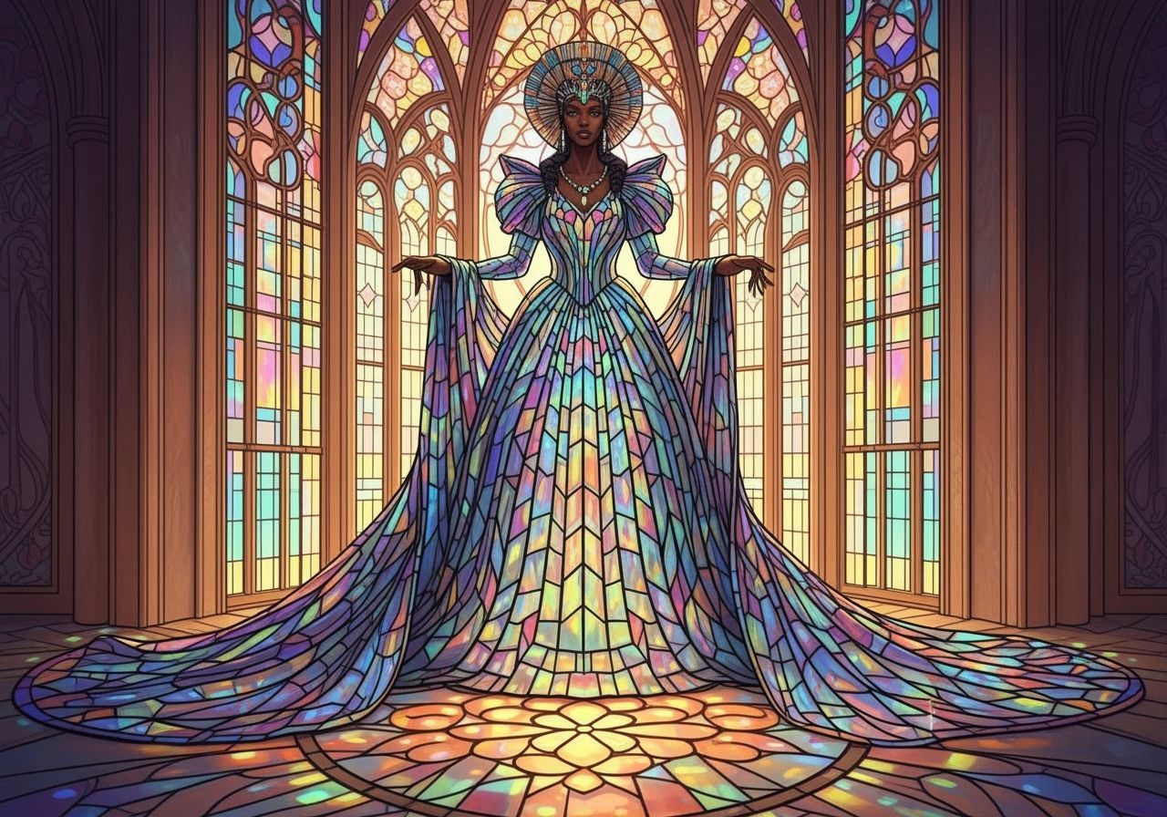 Majestic African Queen in Iridescent Stained Glass Gown