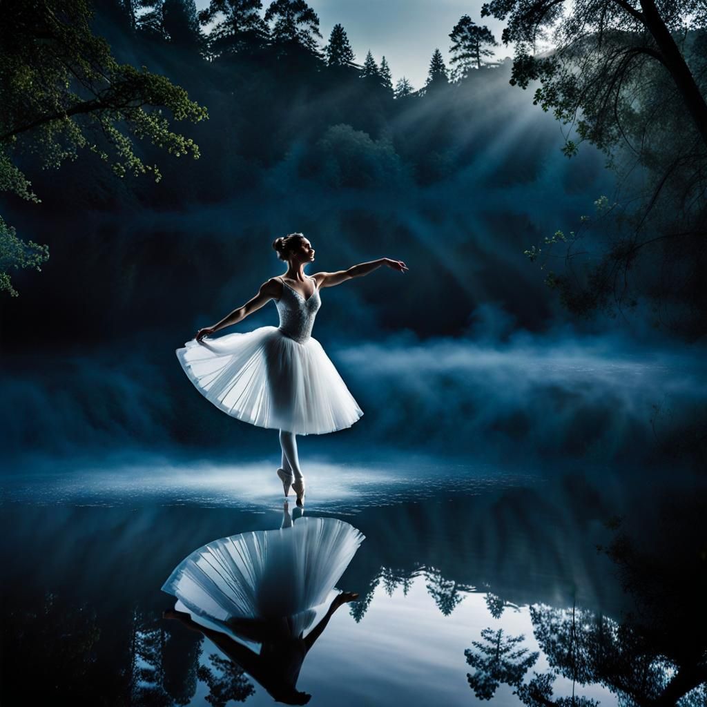 Ballerina Dancing by Moonlit Lake in Gouache Style