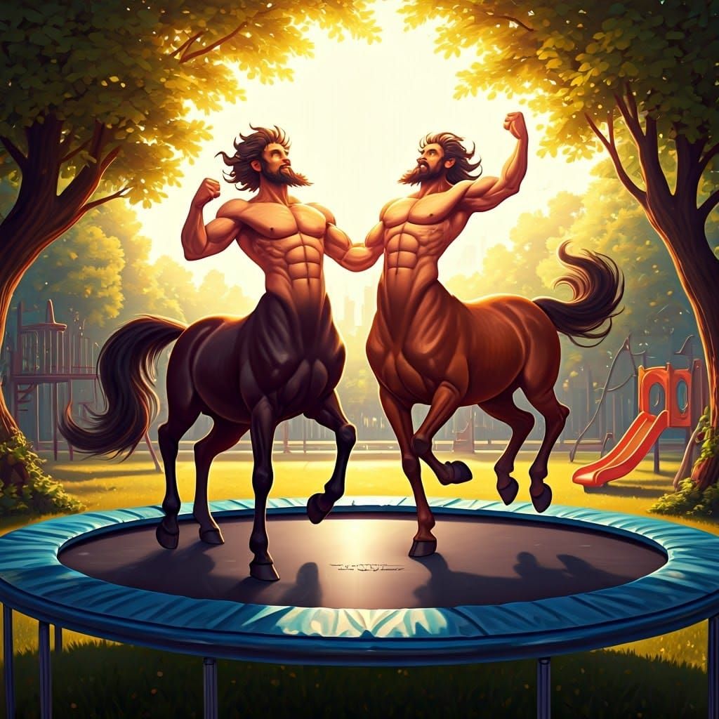 Centaurs Jumping on Trampoline in Sunny Park
