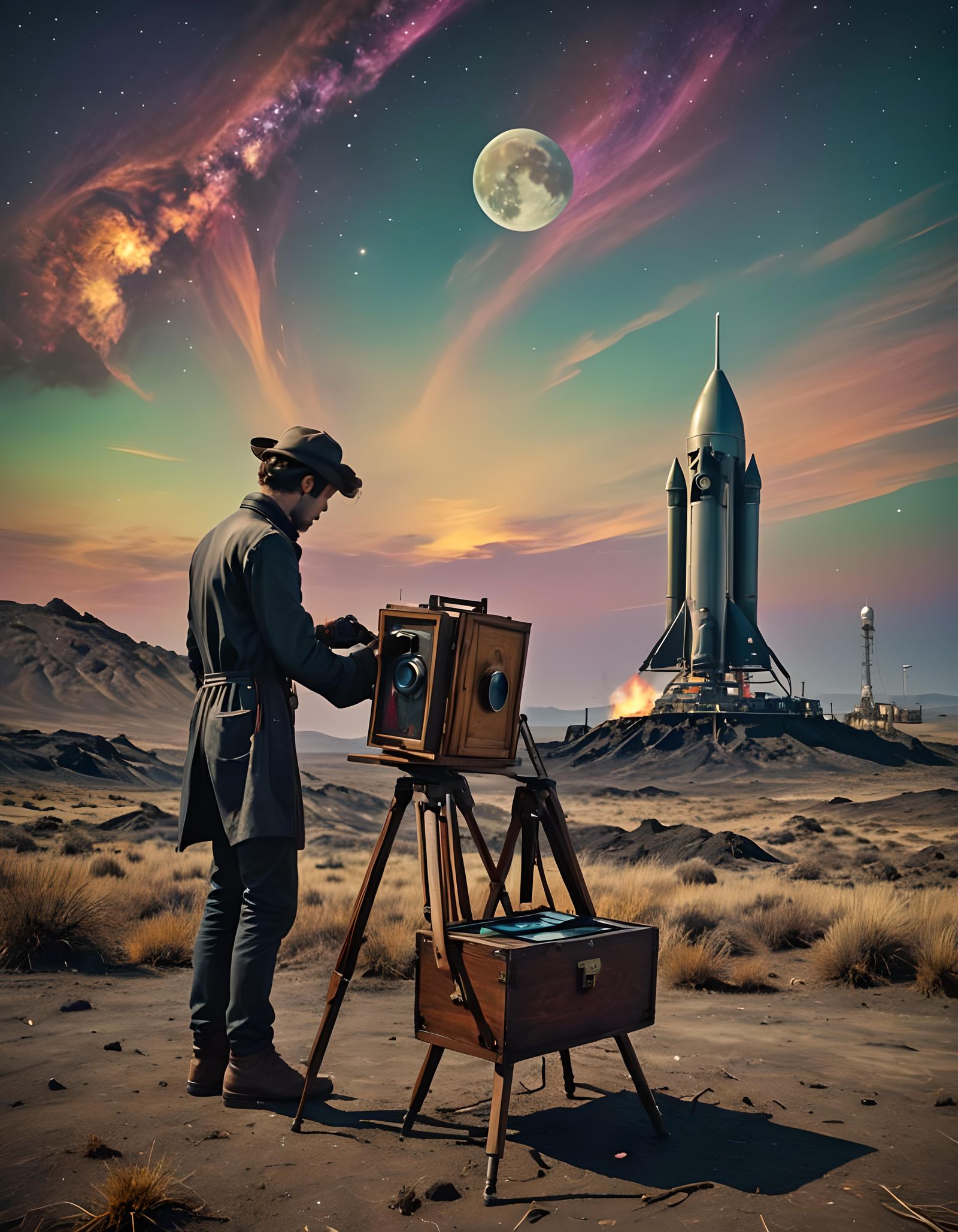 Photographer on Exoplanet with Retro Rocket Launch