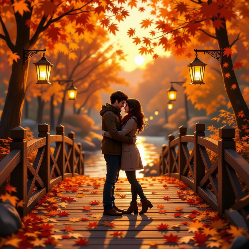 Romantic Autumn Embrace, Digital Anime Art