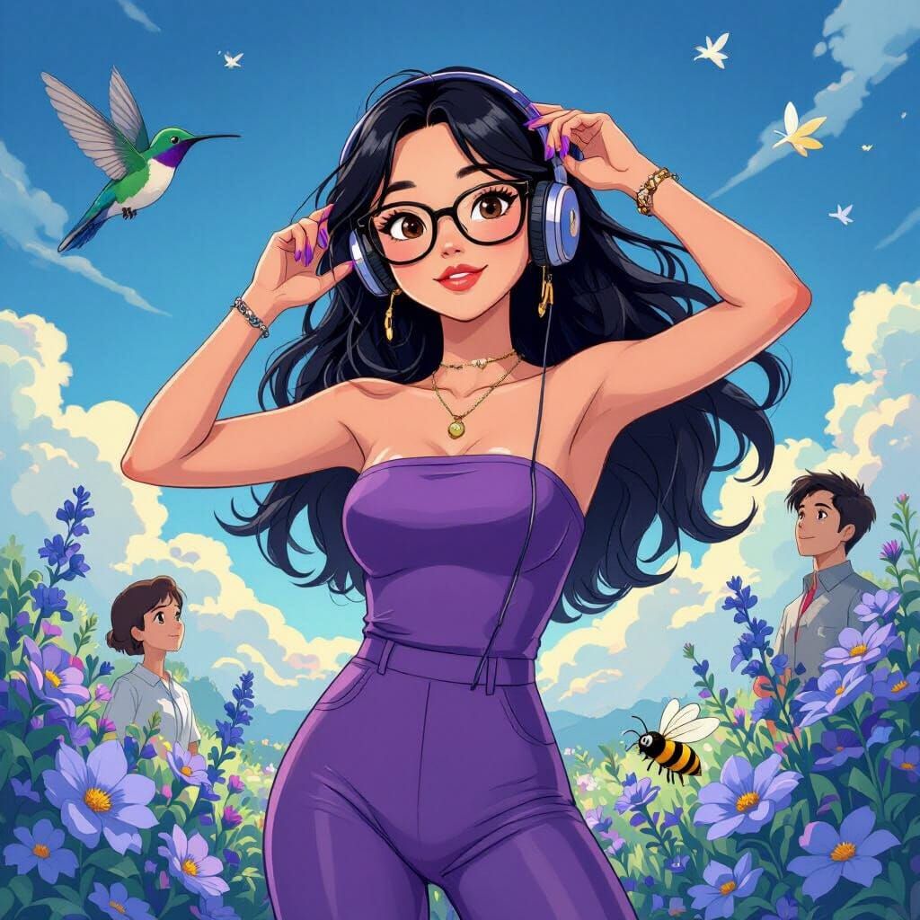 Carefree Asian Woman Dancing Under Breezy Night Sky