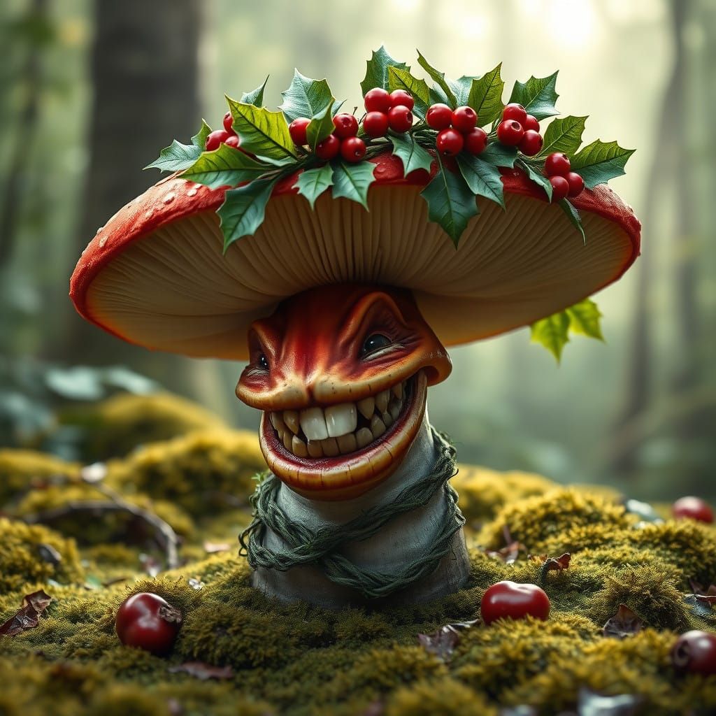 Oversized Mushroom in Festive Holly Hat