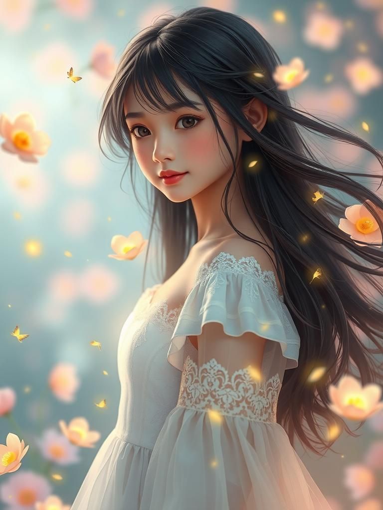 Girl in Ethereal Garden with Levitating Flowers