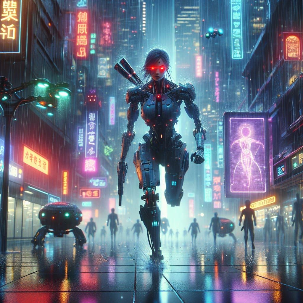 Cyberpunk Cityscape with Female Enforcer in Pursuit