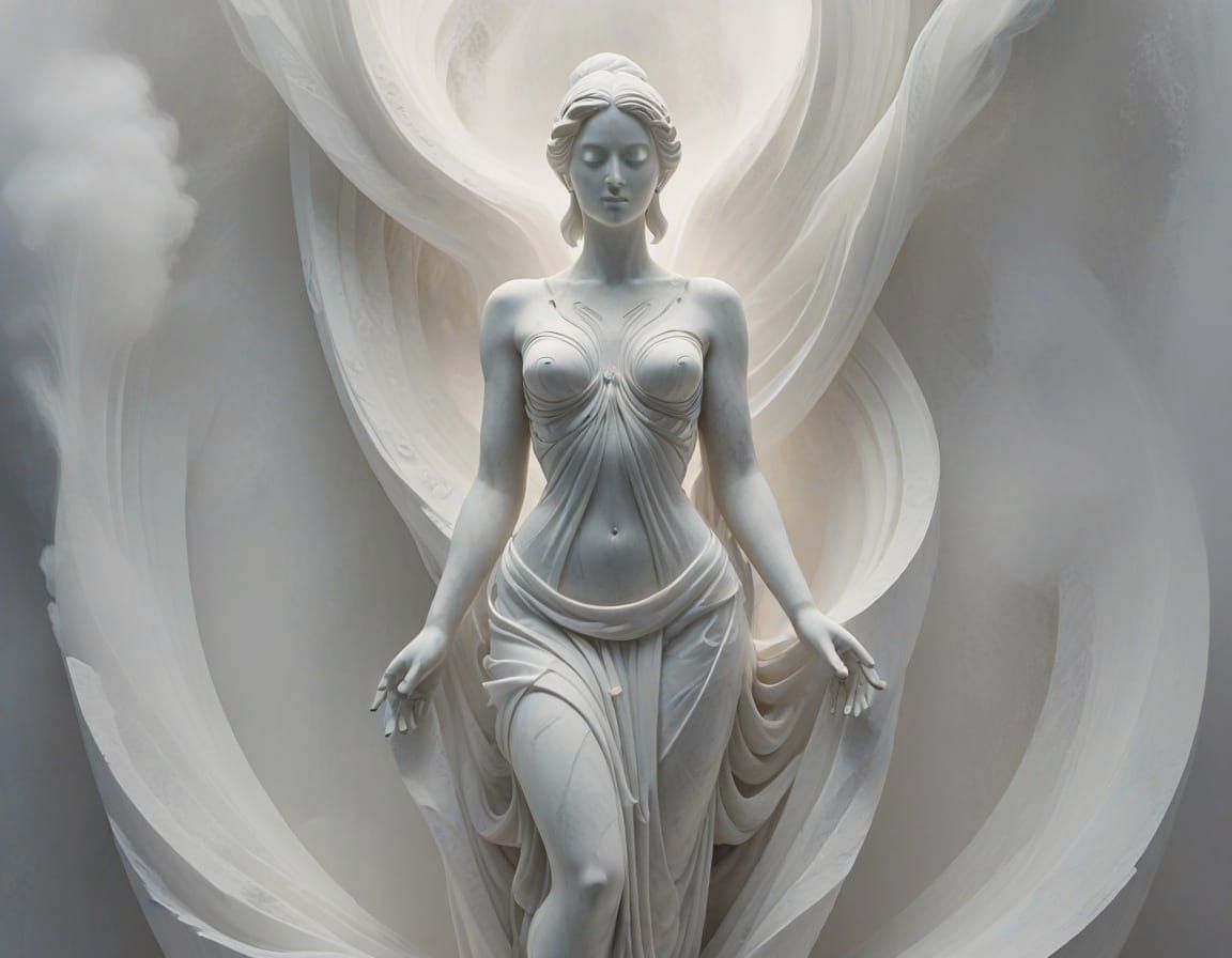 Serene White Marble Goddess Amidst Swirling Fog