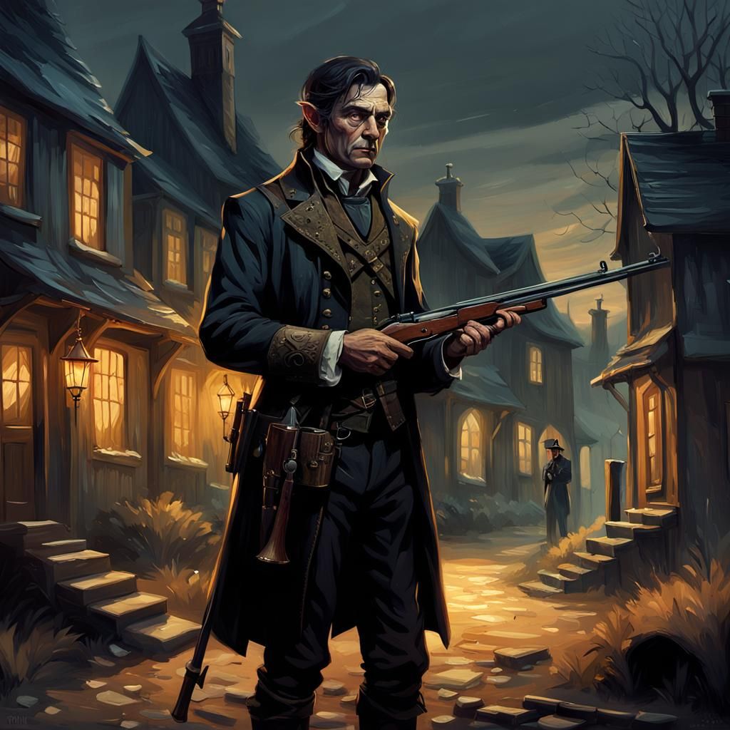 Ethereal Half Elf Stands Vigilant in Mysterious Village