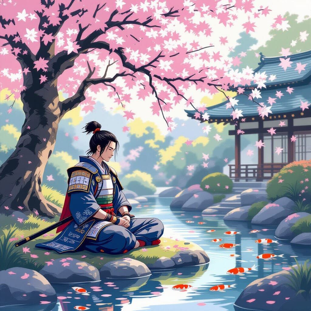 Samurai Meditating Under Cherry Blossoms in Japanese Garden