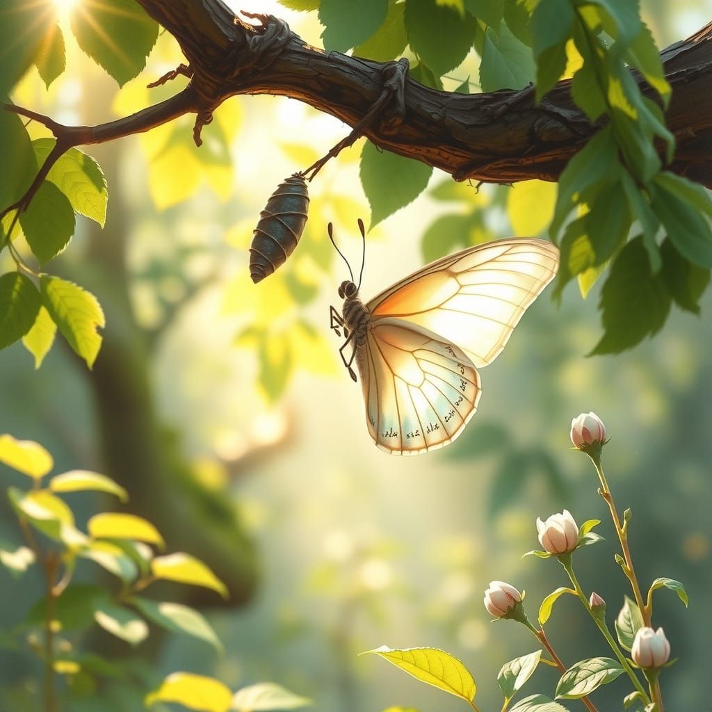 Delicate Iridescent Butterfly in Whimsical Forest Scene